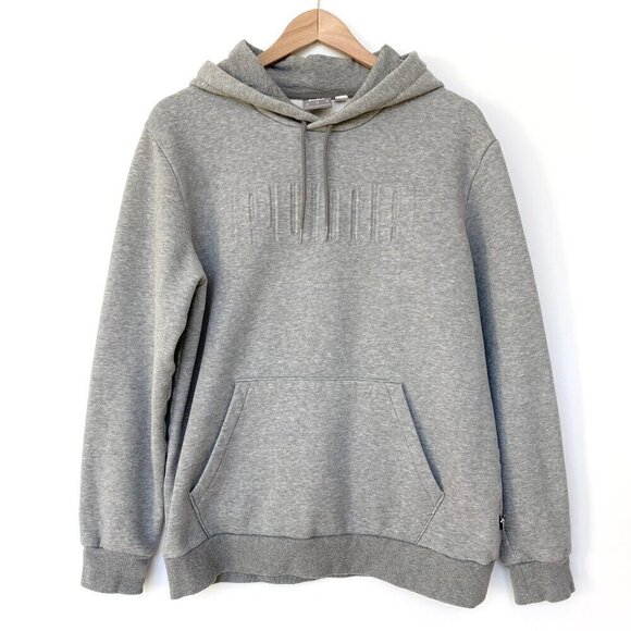 PUMA Womens Fleece Hoodie Gray Sweatshirt Embossed Logo Kangaroo Pocket - Picture 1 of 9